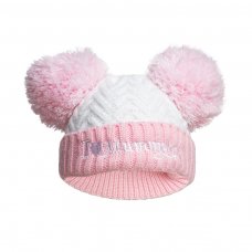 H682-P: Pink Chevron Hat w/Emb & Pom Poms (0-12 Months)